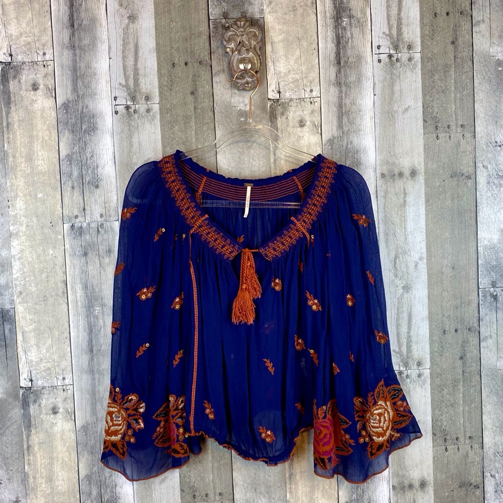 Free People Bell Sleeve Tassel Tie Front Top in Blue Combo Size XS.
